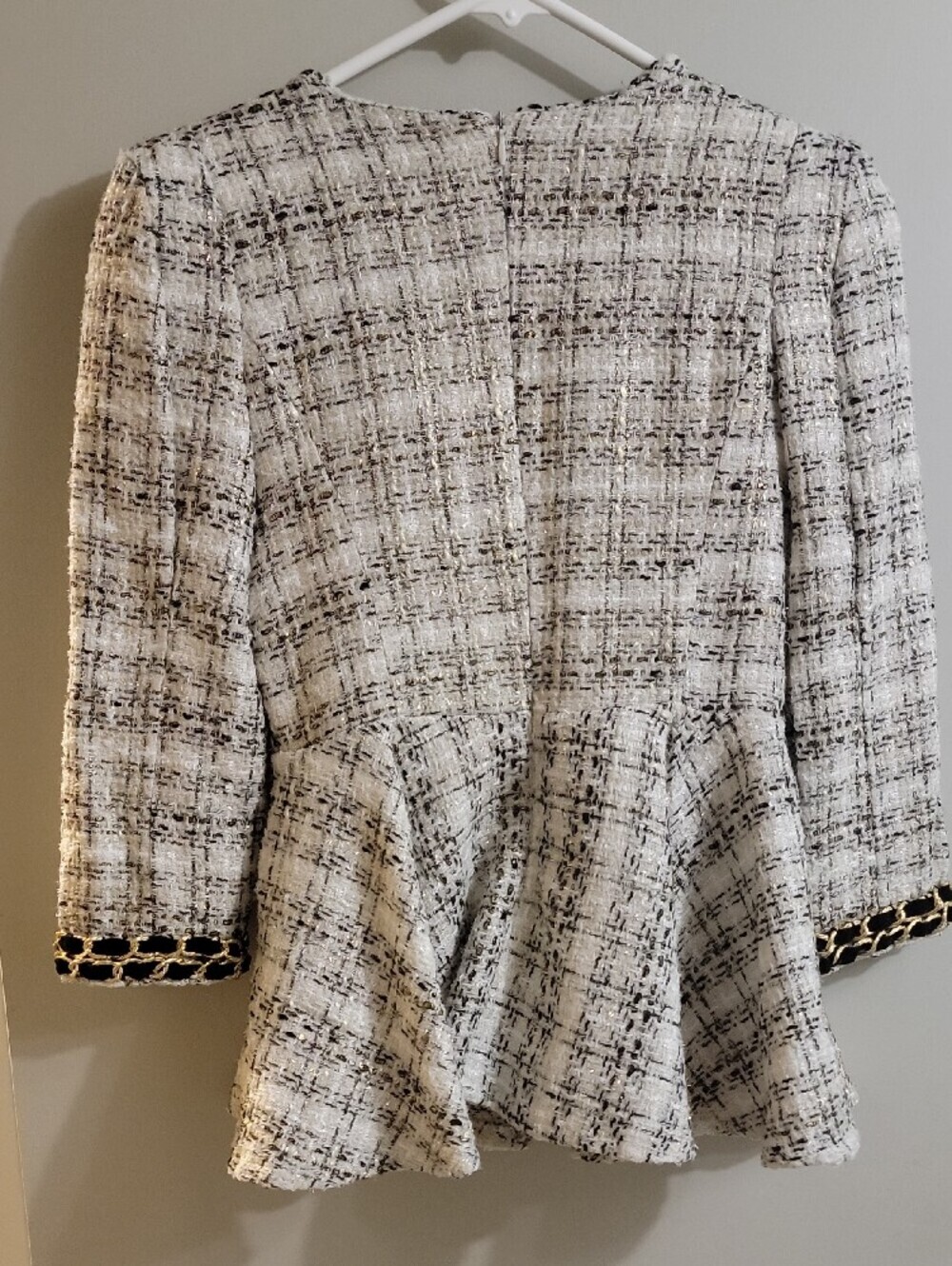 Tweed Peplum Dress with Gold Chain Trim - White & Black - Picture 2 of 5